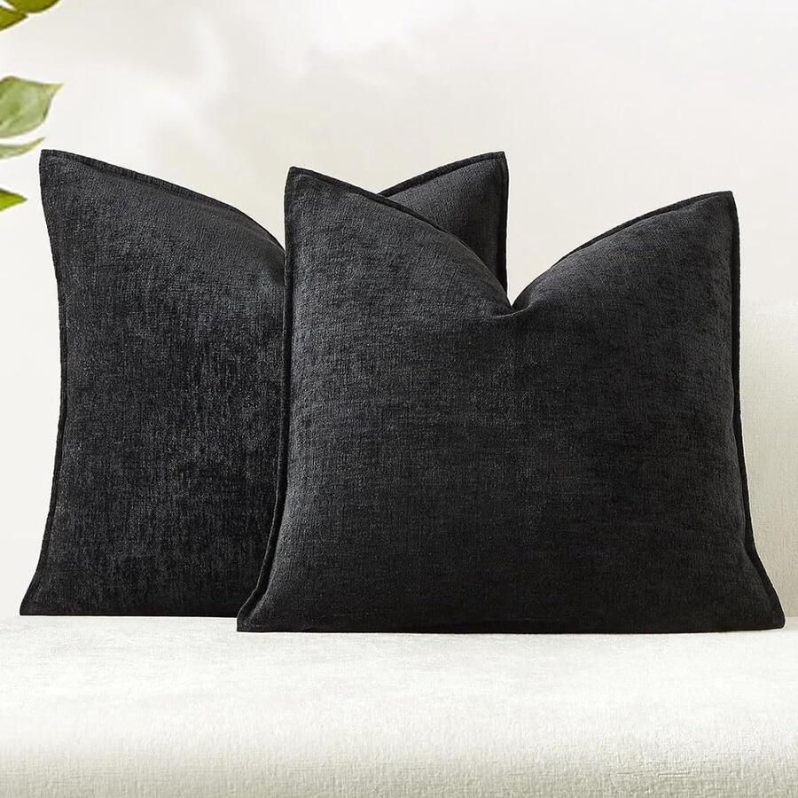 Furnibella -Chenille Kussenhoezen Set van 2 – 50x70 cm – Zachte & Luxe Sierkussenhoezen – Bank- & Slaapkamerdecoratie -zwart