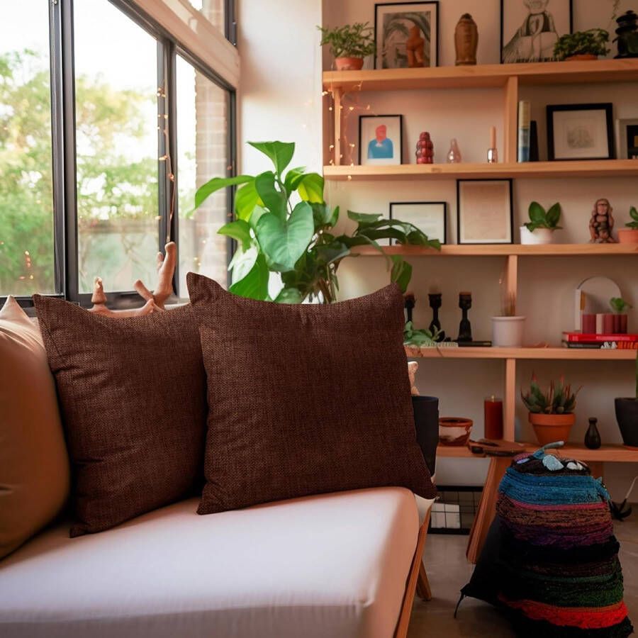 Chenille kussenslopen set van 2 chocolade 50 x 50 cm gestructureerde effen kleur zacht en glad vierkant accentdecoratiekussen voor bank stoel bed & vloer