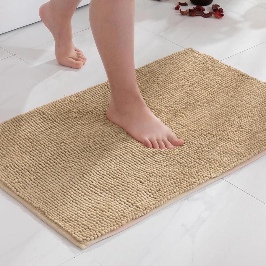 Chenille Non-Slip Bath Mat Hygroscopicity High Absorbent Super Soft & Cosy Machine Washable Bathtub Shower Mat 60 x 90 cm Beige