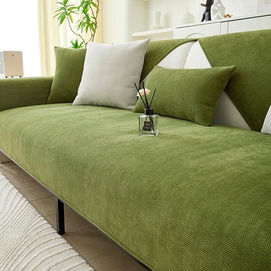 Chenille visgraatpatroon bankhoes universele bankhoes voor alle seizoenen antislip en vuilafstotende eenvoudige bankhoes zacht en huidvriendelijk comfortabel en ademend geschikt voor de woonkamer -Grasgroen，90*240cm