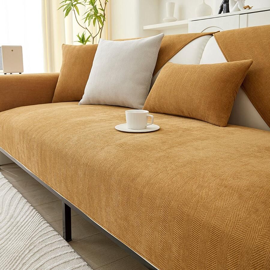 Chenille visgraatpatroon bankhoes universele bankhoes voor alle seizoenen antislip en vuilafstotende eenvoudige bankhoes zacht en huidvriendelijk comfortabel en ademend geschikt voor de woonkamer -oranje，70*70cm