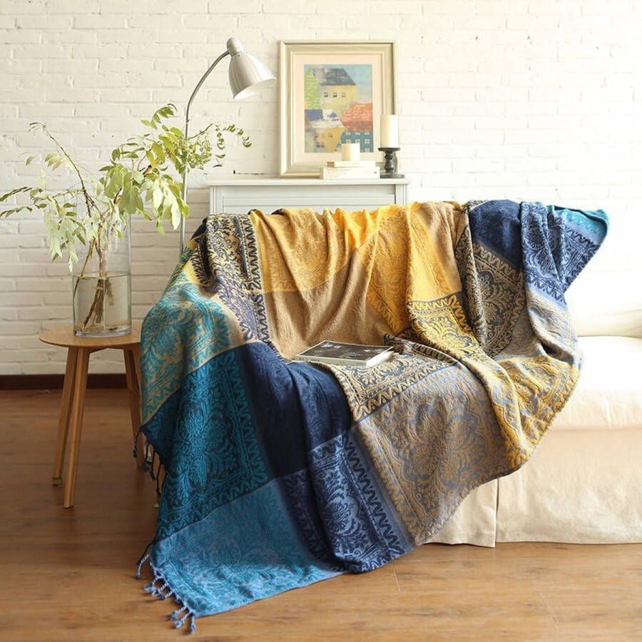 Chenille werpdeken jacquard kwastjes werpdeken bankstoelhoes decoratief voor bedbank fauteuil volksstampatroon (blauw 220 x 250 cm)