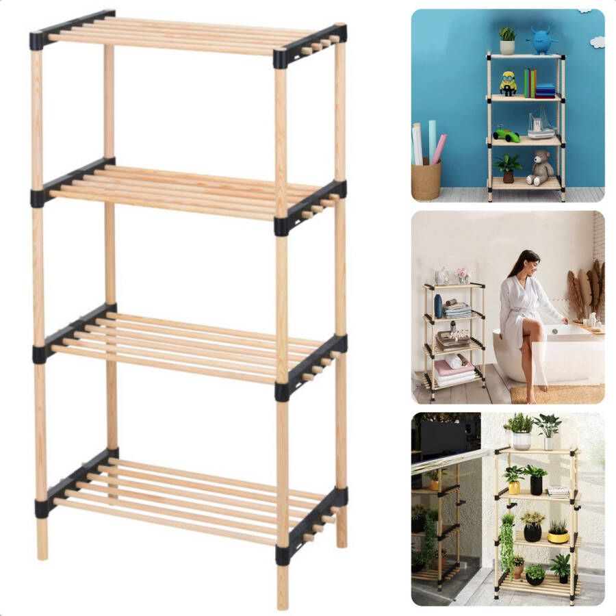 Cheqo Opbergkast Schoenenrek 4 Laags Opbergkast Dennenhout 49x28xH92 5cm Natuurlijke Kleur Sterke Kunststof Verbindingsstukken Makkelijk Te Monteren Stabiel & Stevig