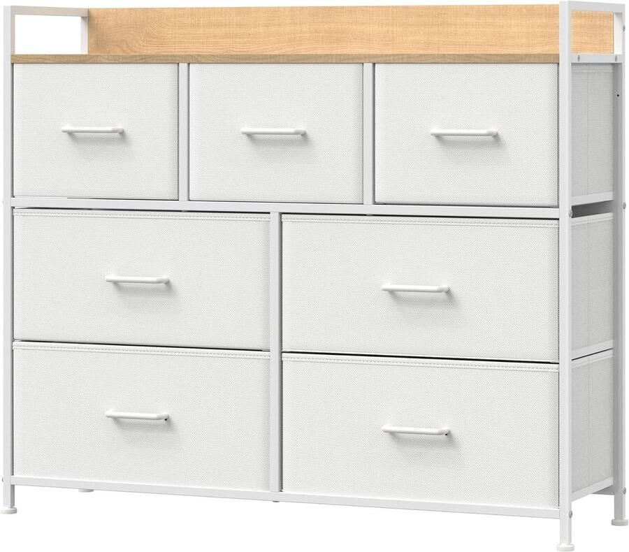 Chest of Drawers 7 Fabric Drawers with Handles Metal Frame Industrial Design White-Oak 28.5 x 98 x 12.5 cm LTS523W57