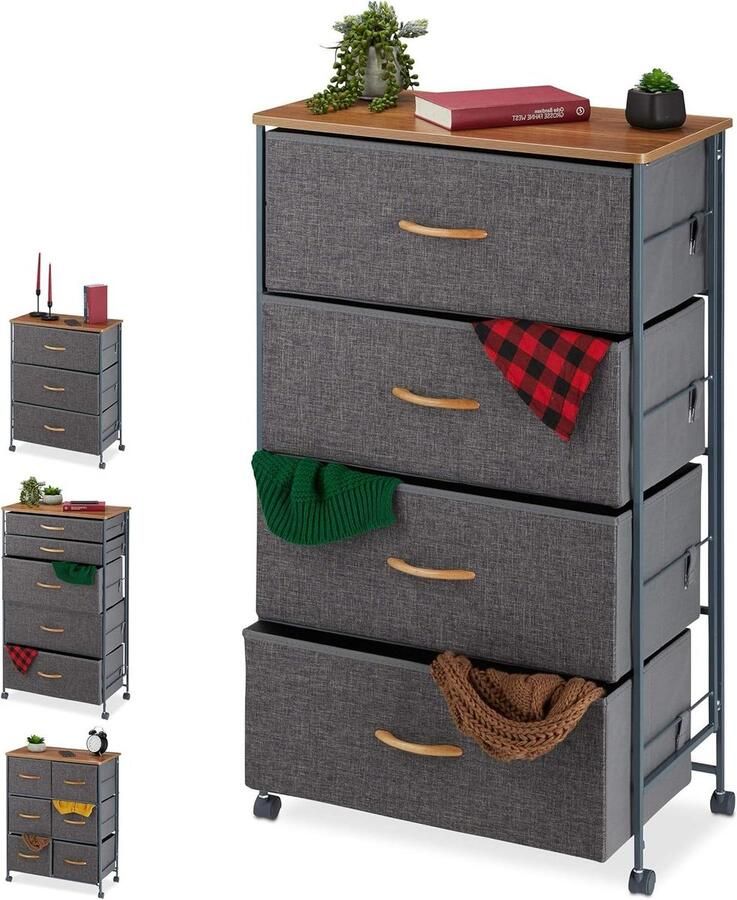 Chest of Drawers on Wheels with 4 Fabric Drawers Beautiful Fabric Cabinet with Wood Look Top HBD 93 x 58 x 30 cm (Grey)