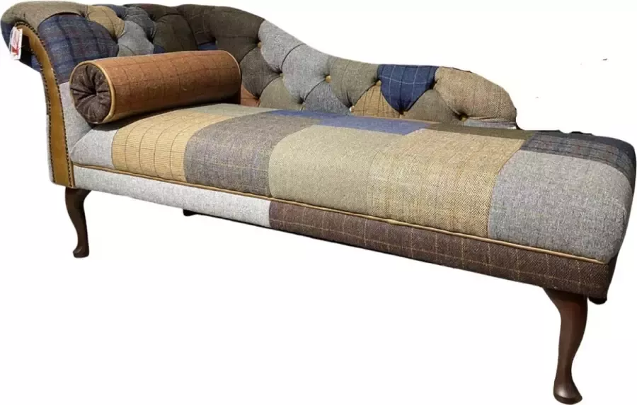 Chesterfield Chais Longue Daybed Multicolor Patchwork Harris Tweed full Stof met Cognac leer
