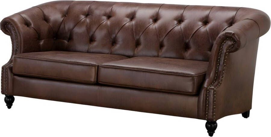 Vente-unique Chesterfield driezitsbank AQUITAINE van microvezel effect lived-in leer Bruin L 210 cm x H 82 cm x D 95 cm