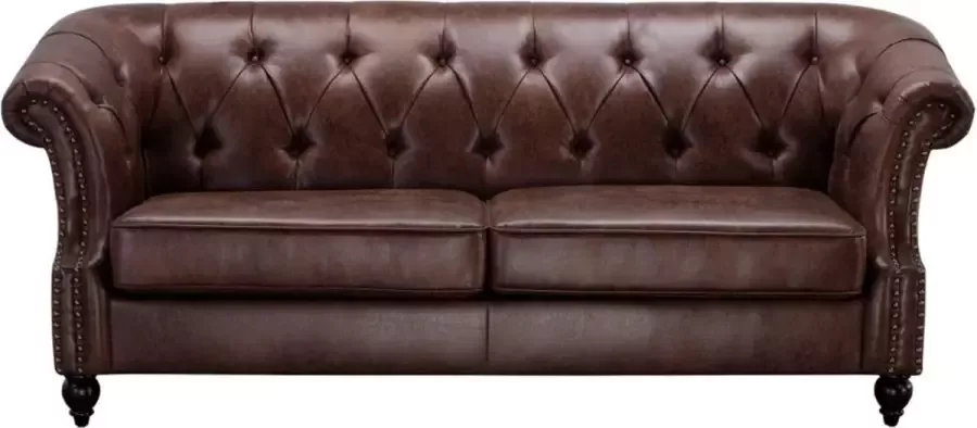 Vente-unique Chesterfield driezitsbank AQUITAINE van microvezel effect lived-in leer Bruin L 210 cm x H 82 cm x D 95 cm - Foto 2