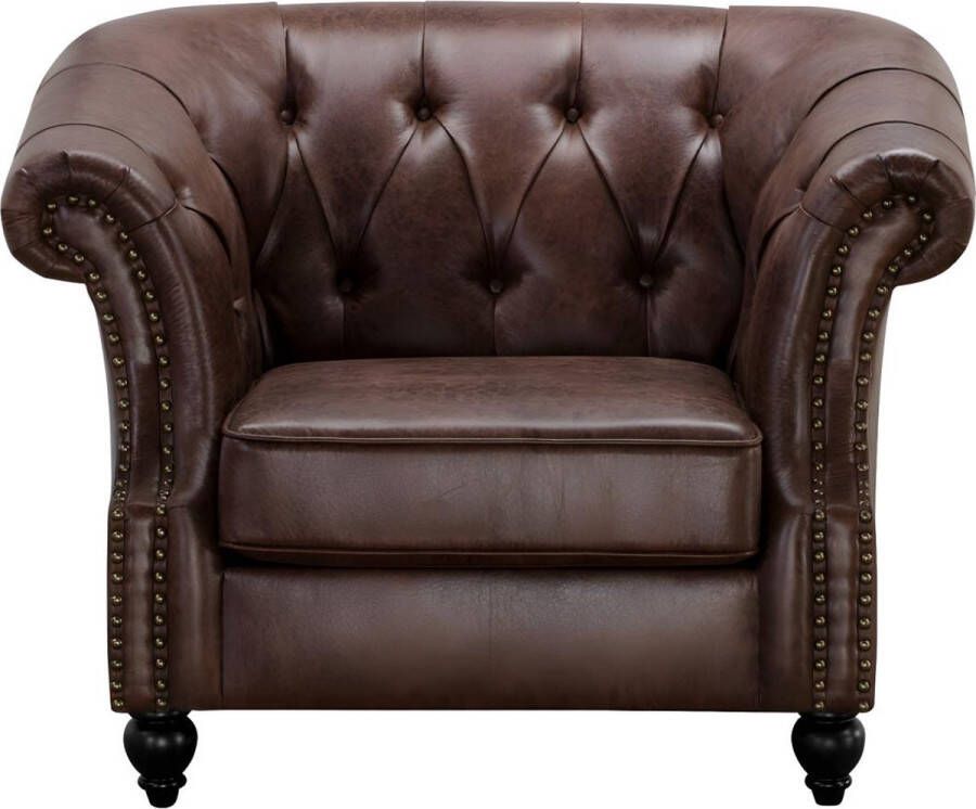 Vente-unique Chesterfield fauteuil AQUITAINE van microvezel effect lived-in leer Bruin L 112 cm x H 82 cm x D 95 cm