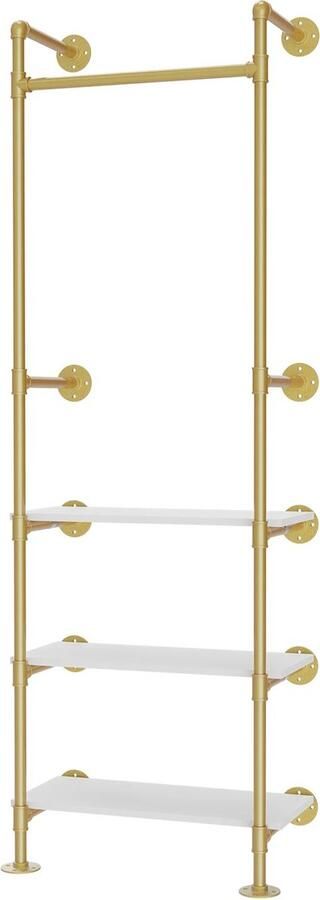 Chic Kledingrek GOUD Stevige IJzeren Water Pijp Constructie met 3 Wit MDF Niveaus Organiseren Lange & Vouw Kleding 25KG Per Plank Hang 30KG 61x31x178cm- Kleding Rail- Open Garderobe- Design Muur Rek Slaapkamer- Wandrek- Roestbestendig & Krasbestendig