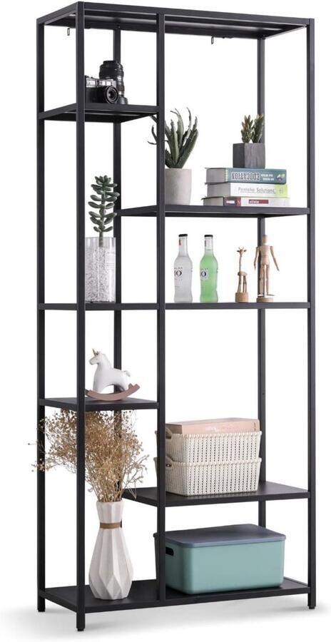 Chicago XL zwart metalen staand rek boekenkast keukenplank met 6 asymmetrische planken in hoogte verstelbare poten wandplank in modern industrieel ontwerp L: 80 x B: 35 x H: 185