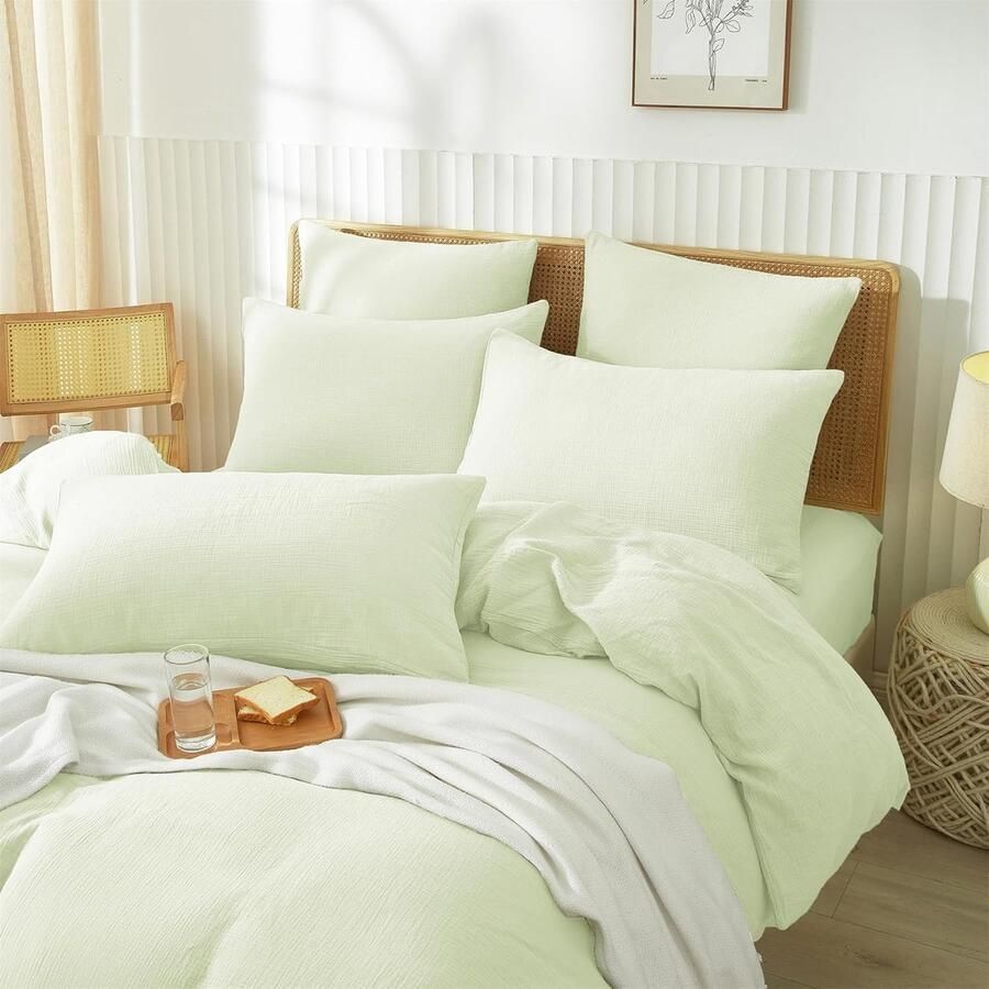 Chiffon beddengoedset voor tweepersoonsbed 135 x 200 cm lichtgroen 100% katoen behaaglijk dekbedovertrek 2-delig met ritssluiting en kussensloop 80 x 80 cm