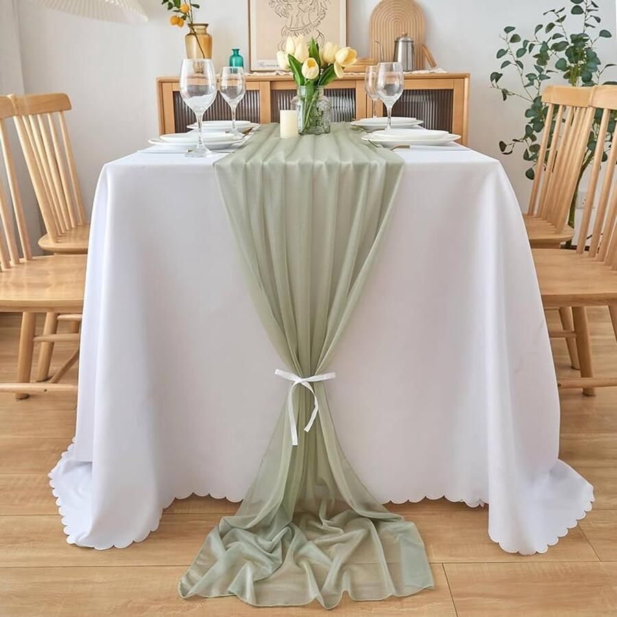 Chiffon tafelloper saliegroen 1 stuk 70 x 300 cm polyester