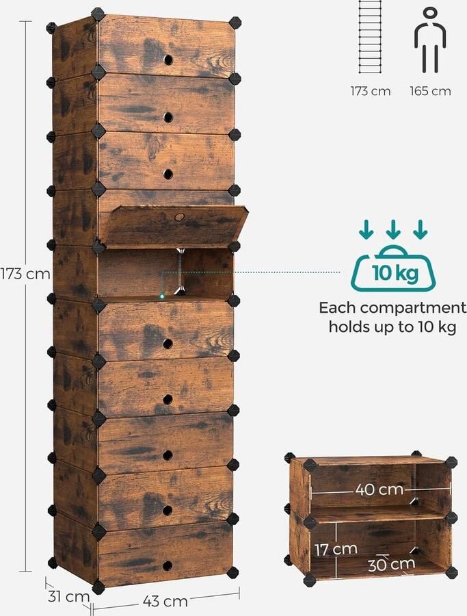 Choenenrek plankensysteem met 10 vakken insteekplank kunststof platen draadframe opberger kledingkast schoenenopberger 40 x 30 x 17 cm per vak vintage bruin