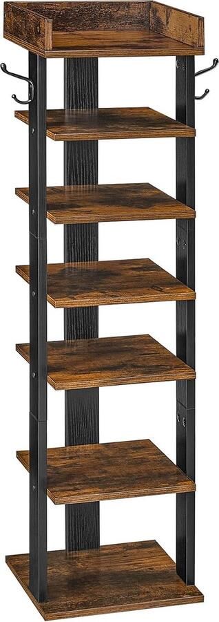 Choenenrek verticaal schoenenrek 7-laags schoenenkast smalle schoenenstandaard met omheining en haken ruimtebesparend voor hal woonkamer slaapkamer donkerbruin-zwart