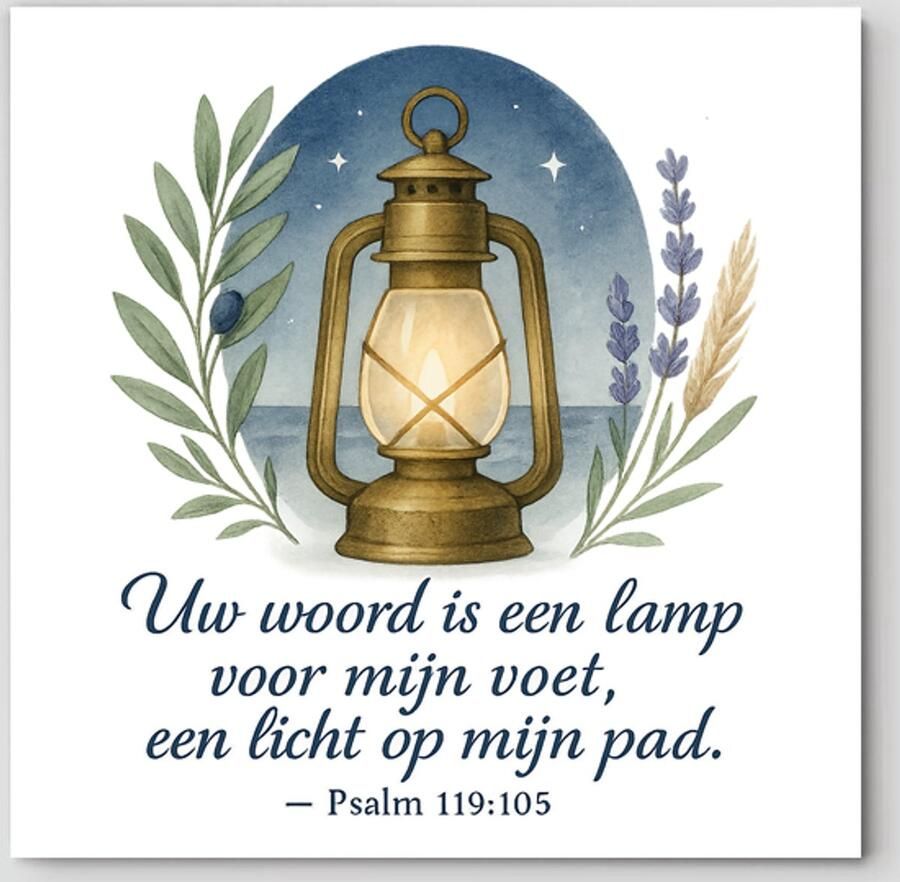 Christelijke tegel – Uw woord is een lamp (Psalm 119:105) – bijbeltekst leiding licht wijsheid – gift: belijdenis studie bemoediging – context: woonkamer & studie kantoor – 15 × 15 cm met ophanghaakje