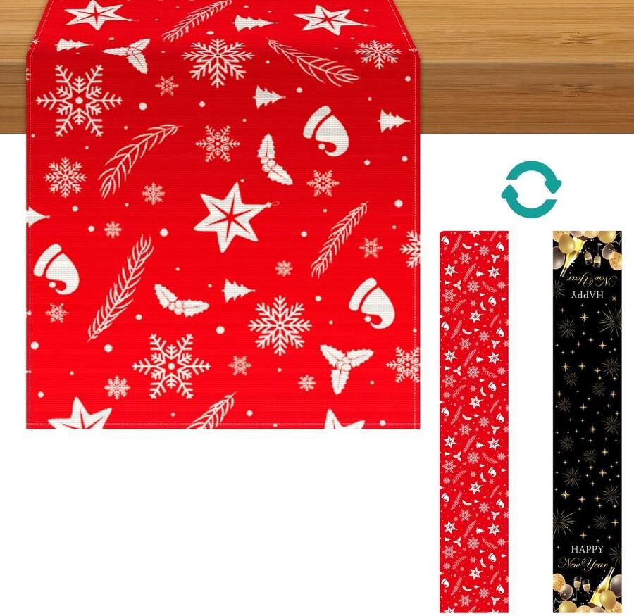 Christmas and New Year Double Sided Table Runner 183x33cm Winter Holiday Kitchen Dining Table Decoration Festive Table Runner for Indoor Outdoor Home Party Decoration