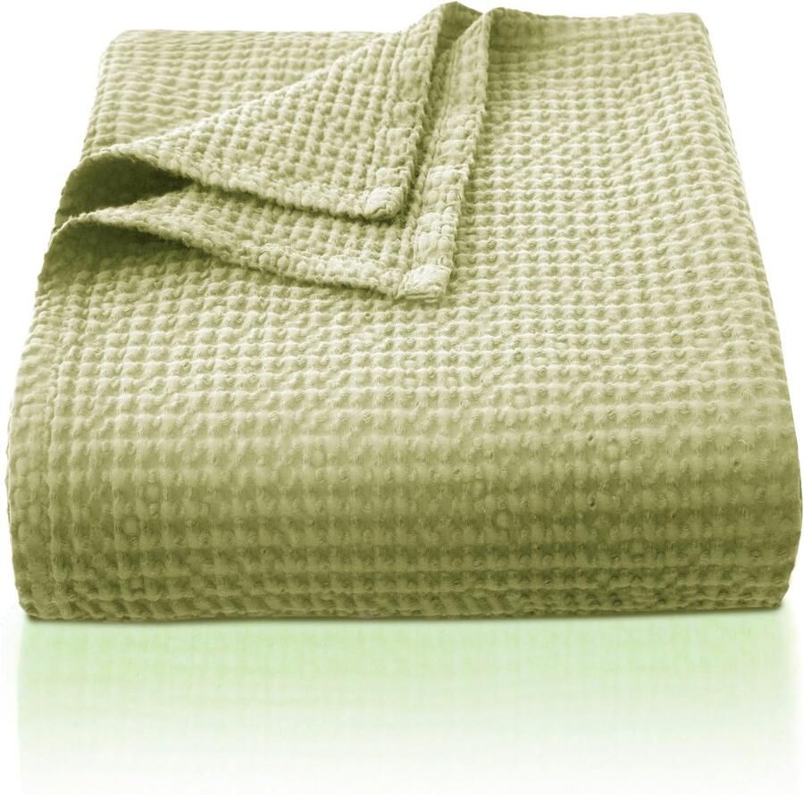CHUFFED 100% katoenen deken 220 x 240 cm zacht en ademend bedsprei wafelpatroon lichtgewicht deken als bankdeken zachte gezellige deken woonkamer bank avocado groen