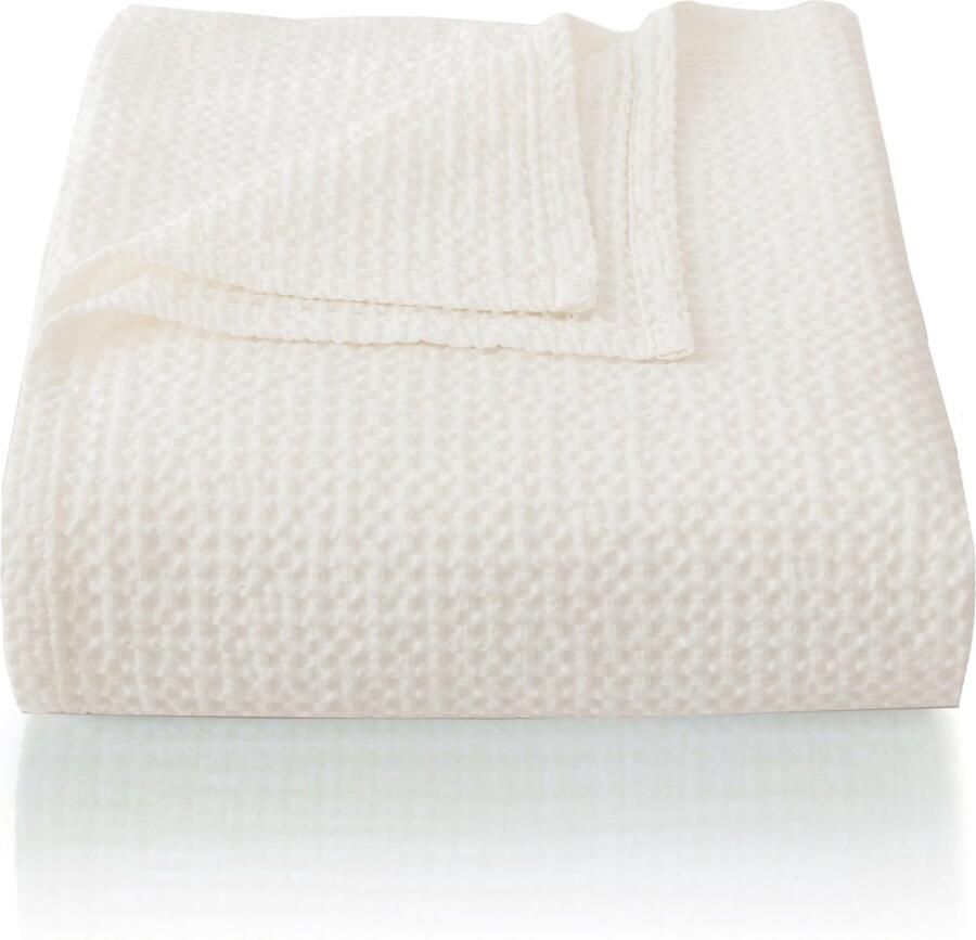 CHUFFED 100% katoenen deken 150 x 200 cm zacht en ademend bedsprei wafelpatroon lichtgewicht deken als bankdeken zachte gezellige deken woonkamer bank wit