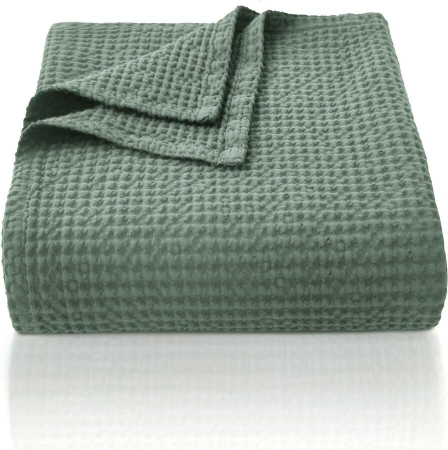Chuffed 100% katoenen deken 220 x 240 cm zacht en ademend bedsprei wafelpatroon lichtgewicht deken als bankdeken zachte gezellige deken woonkamer bank groen