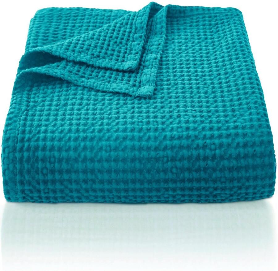 CHUFFED 100% katoenen deken 220 x 240 cm zacht en ademend bedsprei wafelpatroon lichtgewicht deken als bankdeken zachte gezellige deken woonkamer bank bruin blauw