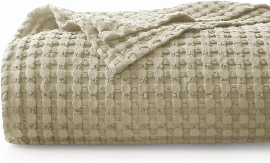 CHUFFED 100% katoenen deken 220 x 240 cm sprei wafel piqué deken zacht & ademend lichtgewicht Oeko-TEX gecertificeerd bank banksprei sprei gezellige deken sprei beige