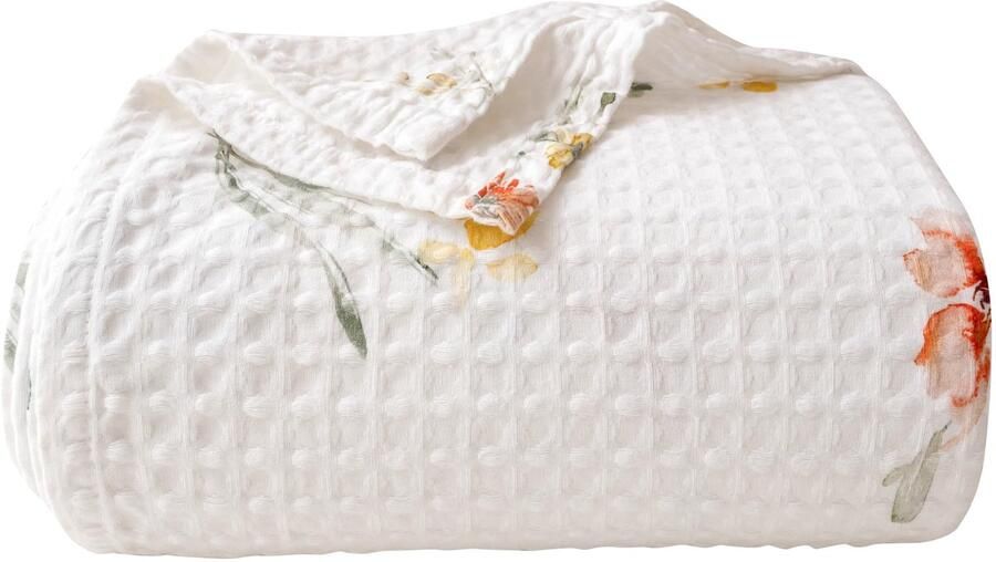 CHUFFED 100% katoenen deken 220x240 cm zacht ademend sprei wafelpatroon bloemenpatroon lichte deken als bankdeken gezellige deken voor de woonkamer bank witte bloemenprint