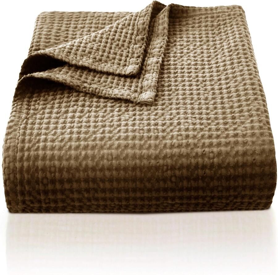 Chuffed 100% katoenen deken 220 x 240 cm zacht en ademend bedsprei wafelpatroon lichtgewicht deken als bankdeken zachte gezellige deken woonkamer bank bruin