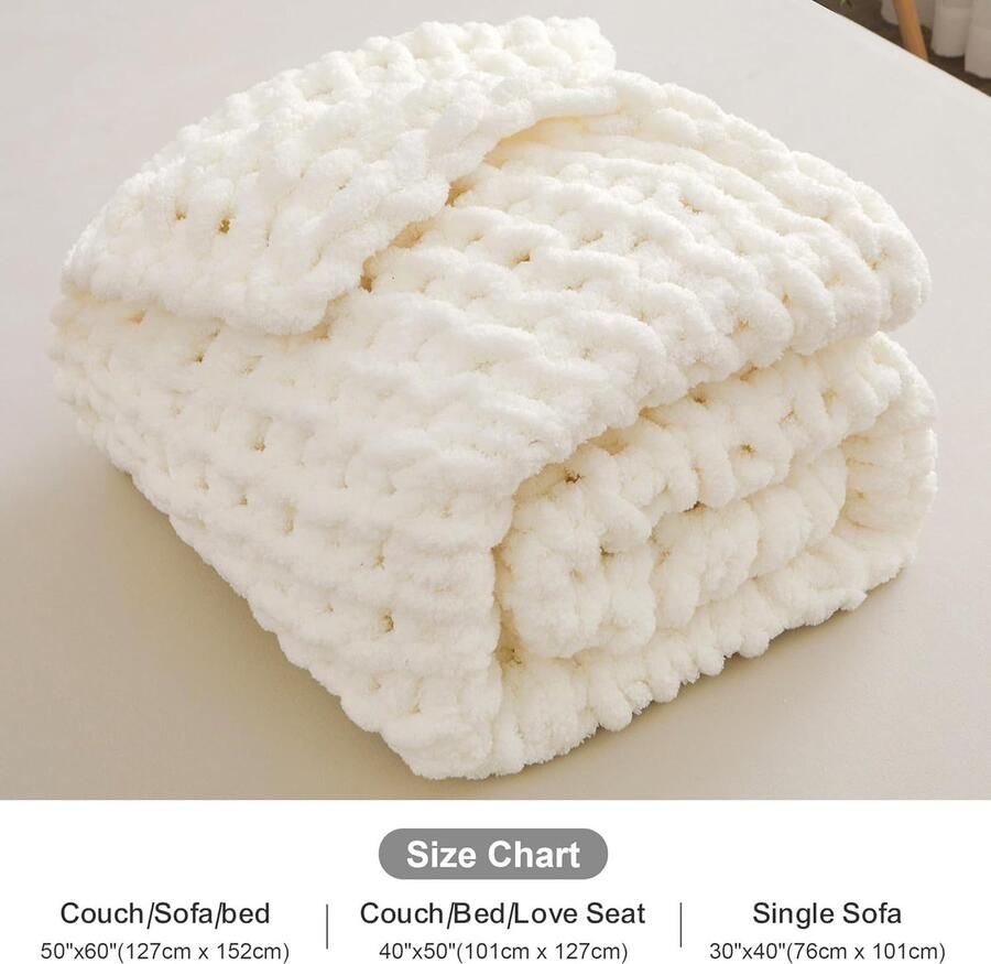 Viviland Chunky Knit deken luxe 100% handgebreid zacht en gezellig slaapbank stoel gewogen dik geweven deken 101 x 127 cm wit (White)