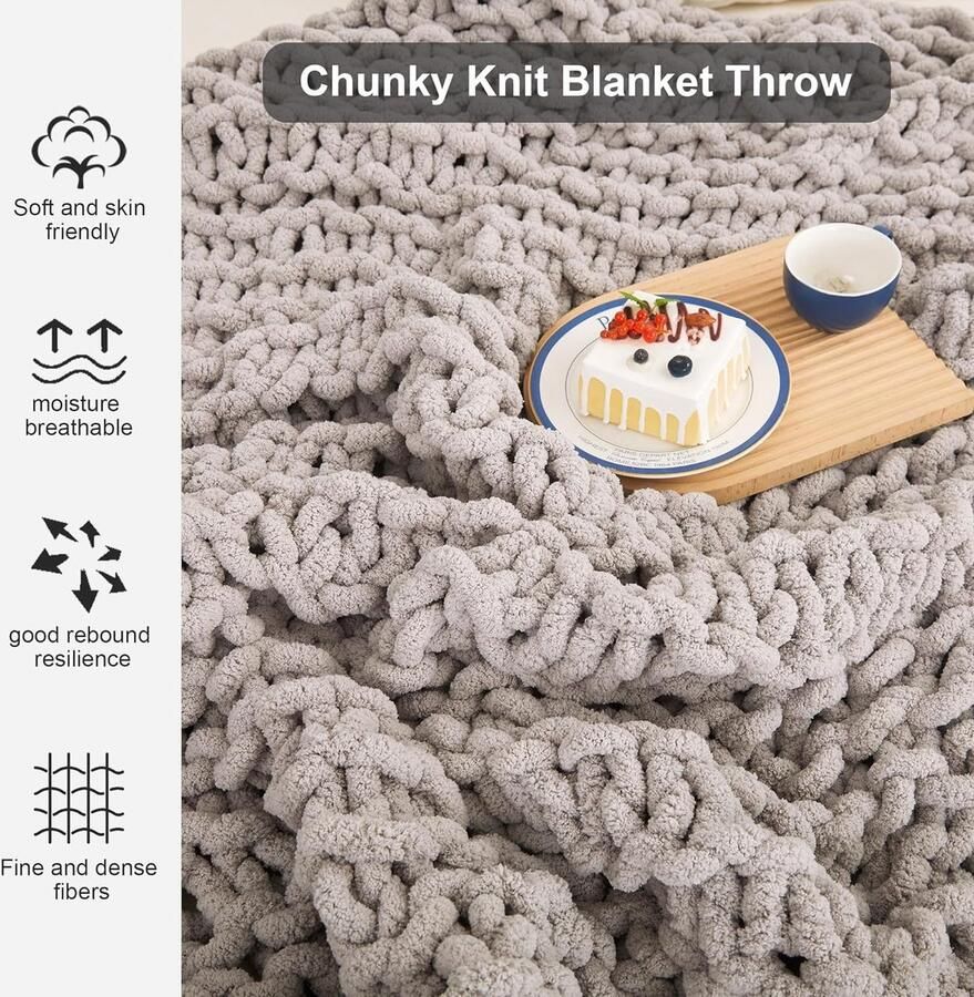 Chunky Knit deken luxe 100% handgebreid zacht en gezellig slaapbank stoel verzwaarde dikke geweven deken 76 x 101 cm lichtgrijs (lichtgrijs) - Foto 2