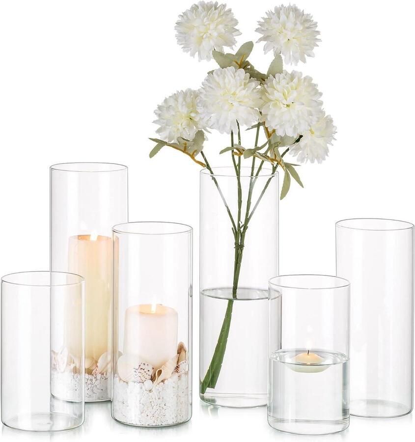 Cilindervaas voor Bloemen Helder glazen vazen set van 6 voor bruiloft decoratie Moderne bloemenvaas voor tafelstukken Orkaan vazen voor pilaar kaarsen Tafel decoratie in 15 20 25 cm formaten