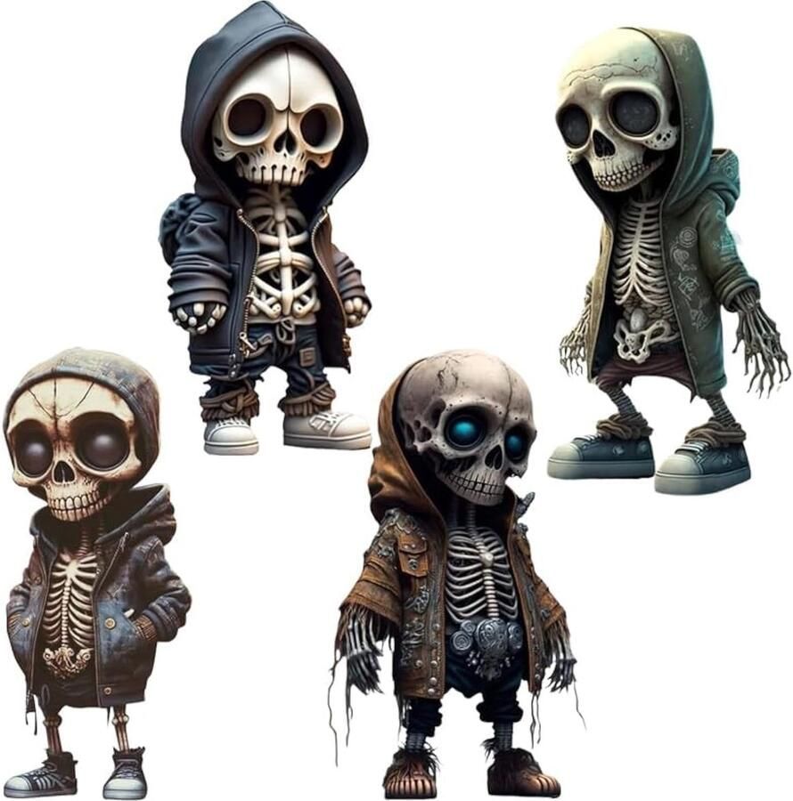 Claofoc Coole Skeletfiguren 4 Stuks Schedeldecoratie Halloween Horror Gotische Sculpturen Mini Schedelfiguren Hars Ambachten Steampunk Beelden voor Thuis Kantoor Bureau