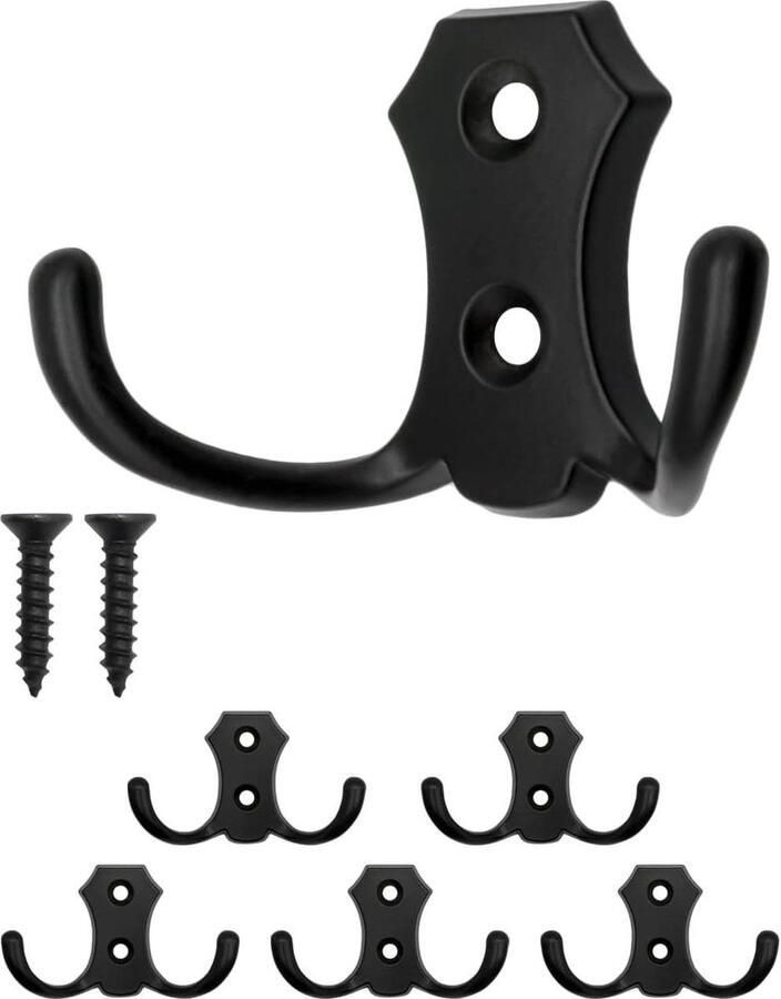 Classic Wardrobe Hooks Double Hooks for Clothes and Kitchen Iron Design Set of 5 (Black)