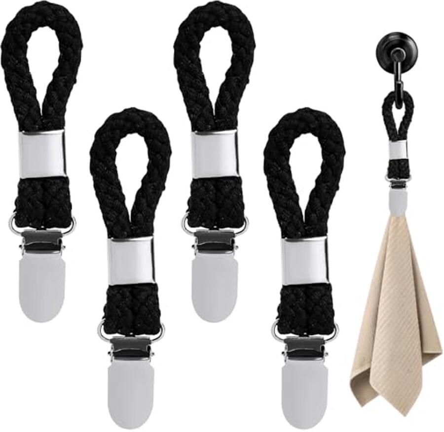 Cliphaken voor Handdoeken en Theedoeken Set van 4 Zwarte Klemmen voor Thuis en Reizen