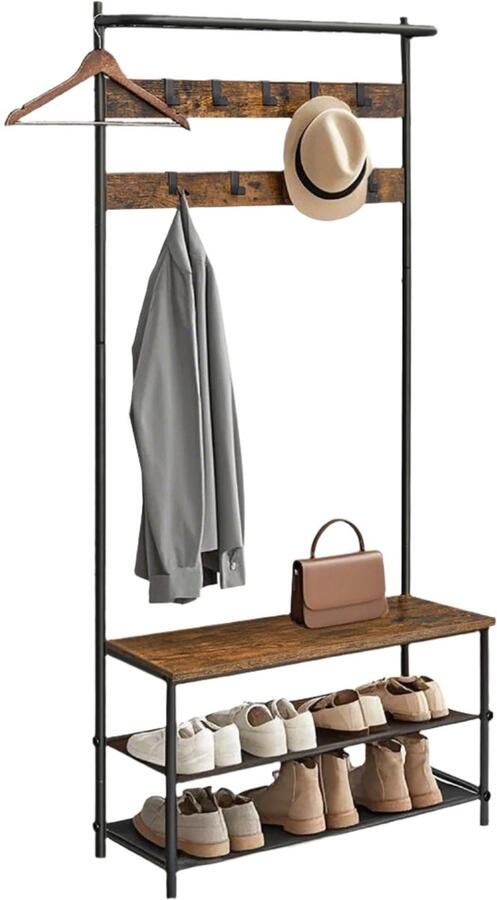 Cloakroom Stand houten spaanplaatschoenbank kledingrek vintage bruin zwart 32 2 x 84 x 180 cm
