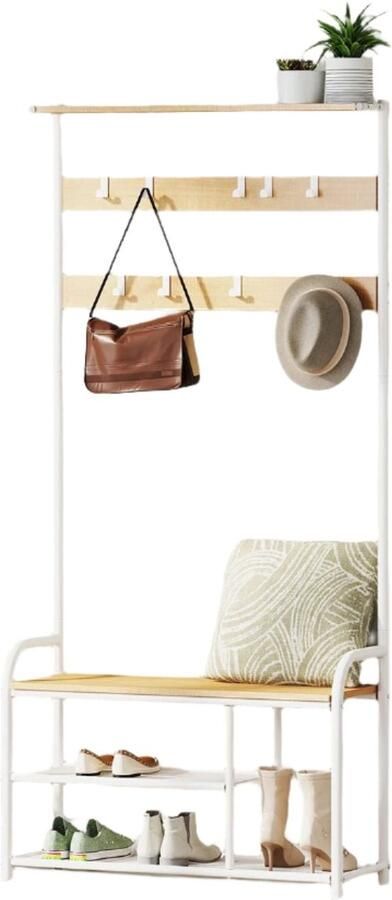 Cloakroom Stand Kledingrek 9 Hooks Space -Saving Design 30 cm x 85cm x 180 5 cm Oak kleur wit