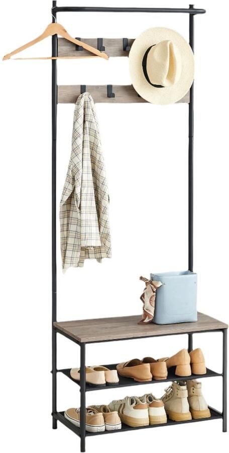 Cloakroom Stand met schoenbank Kledingrek Coat Organizer Eenvoudig montage 32 2 x 64 x 180 cm Bruinzwart