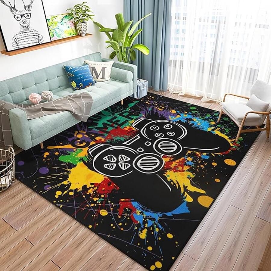 CLORD Gamepad gebiedstapijt 150 x 200 cm antislip speelkleed met gamercontroller patroon lage pool wasbaar ideaal voor speelkamers en kinderkamers decoratief vloerkleed voor gamers