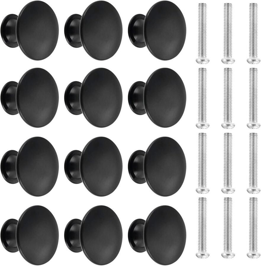 Clord Set van 12 Meubelknoppen 30 mm Zwarte Lade- & Deurknoppen Inclusief Schroeven Geschikt voor Kasten Deuren & Keukens