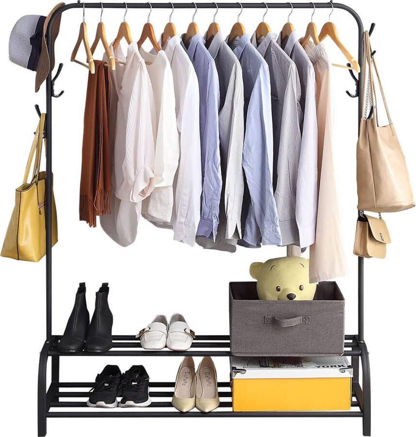 Clothes Rack Freestanding Coat Rack Multifunctional Metal Clothes Rail Storage Shelf and 6 Hooks Hangers Black
