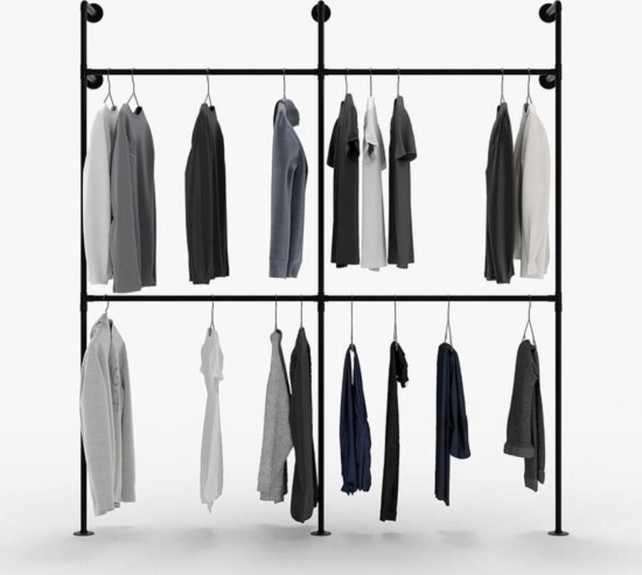 Clothes rack Industrial Loft Design Double Stylish clothes rack for walk-in closet wall Sturdy black tubes with wall mounting