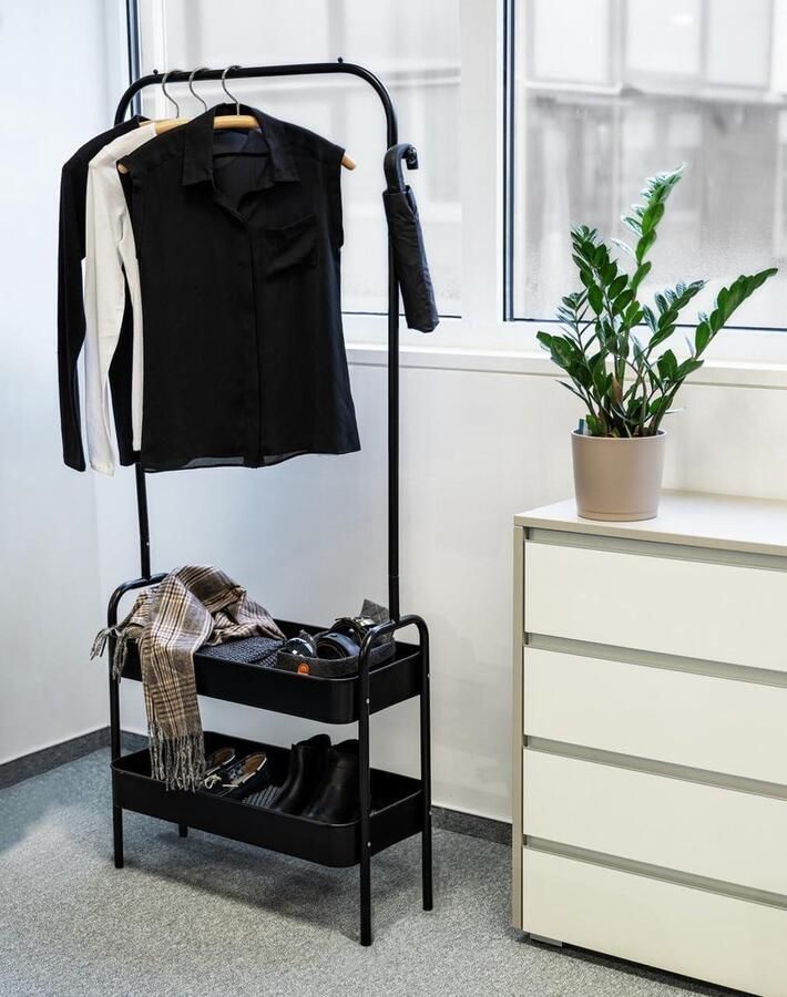 Clothes Rack Kali Narrow Metal Standing Coat Rack with Deep Storage Baskets Shoes Accessories Extra Hooks Black Ideal for Alcoves 75 x 165 x 30 cm halmeubel met kapstok