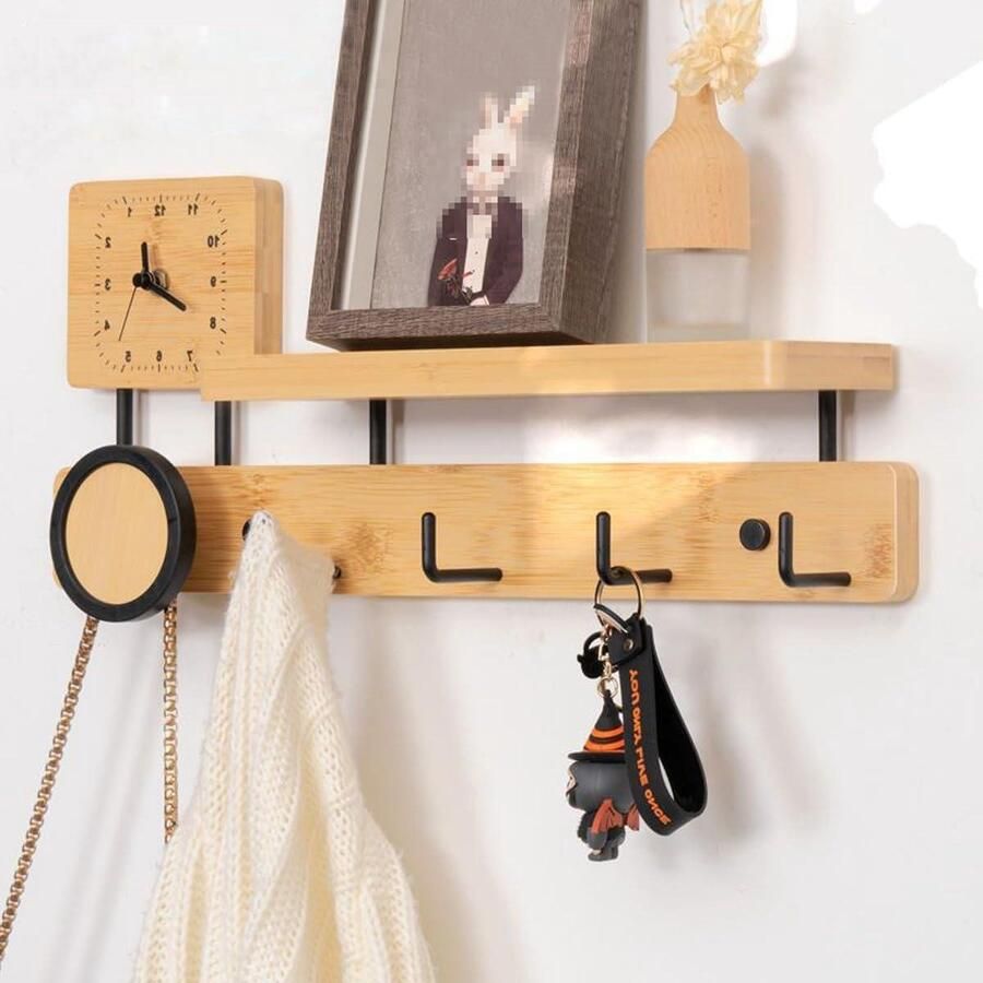 Coat Hooks with Shelf Wood Bamboo Coat Rack 19.5 Inch with Clock Wall Mounted Shelf for Hanging Jackets Hats Clothes