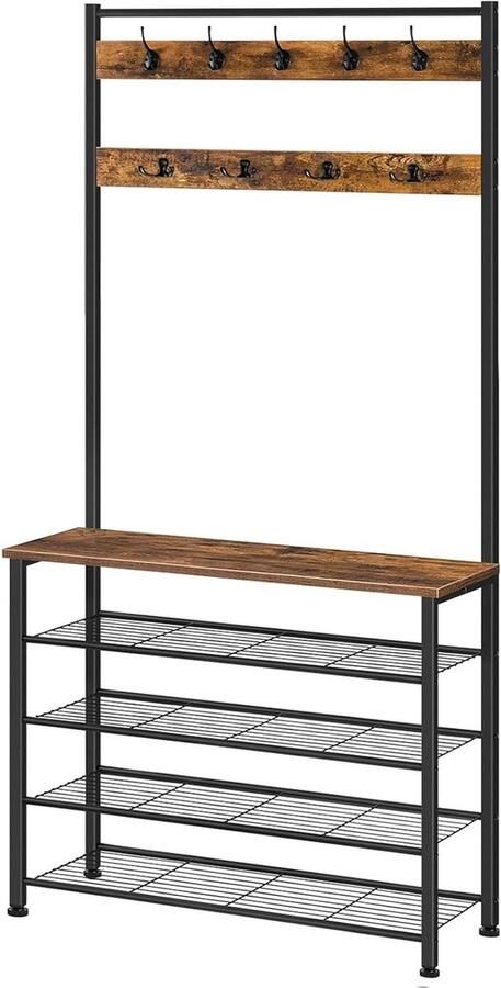 Coat Rack Clothes Stand 5 Tier Shoe Rack Industrial Design Hallway Dark Brown Black EBF80MT01G2 by HOOBRO halmeubel met kapstok