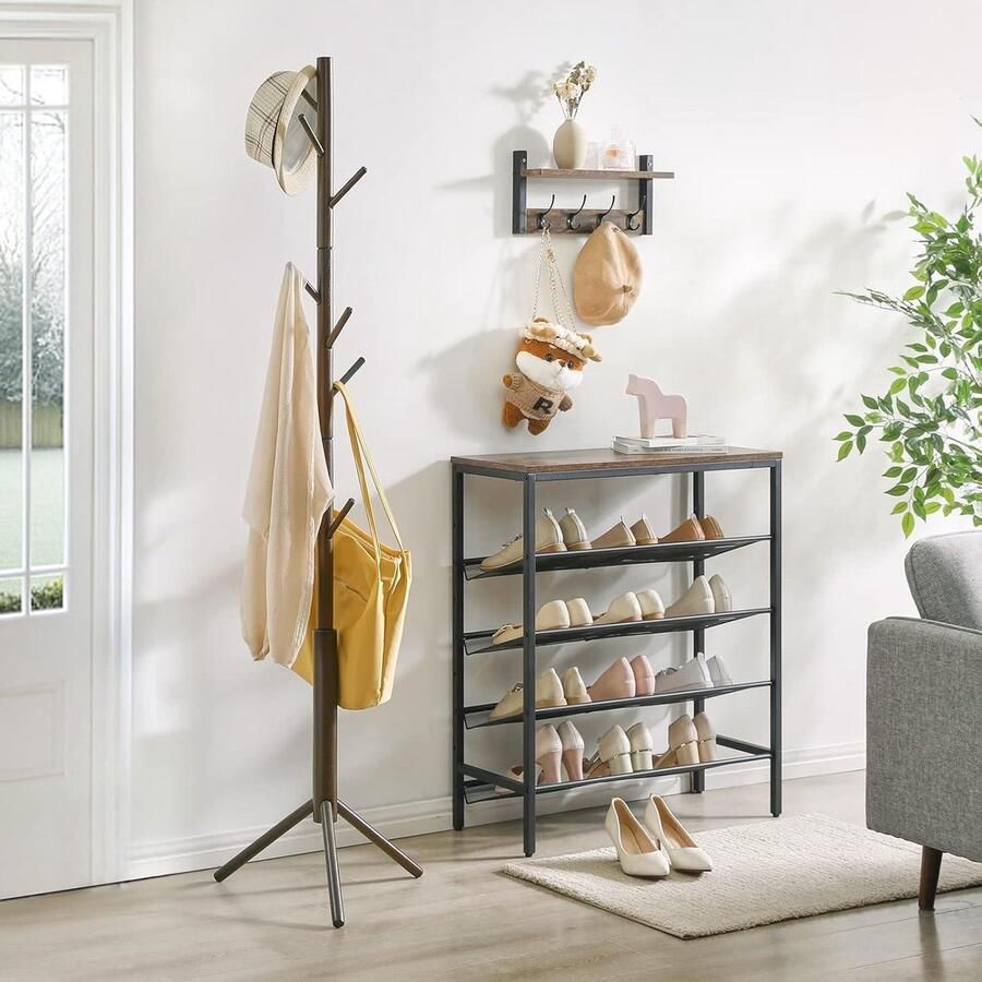 Coat Rack Free Standing Wooden Coat Tree with 8 Hooks Adjustable Hallway Tree for Entrance Living Room Hallway Bedroom Coat Hanger for Hats Handbags Clothes Wallet Umbrella Brown halmeubel met kapstok - Foto 2