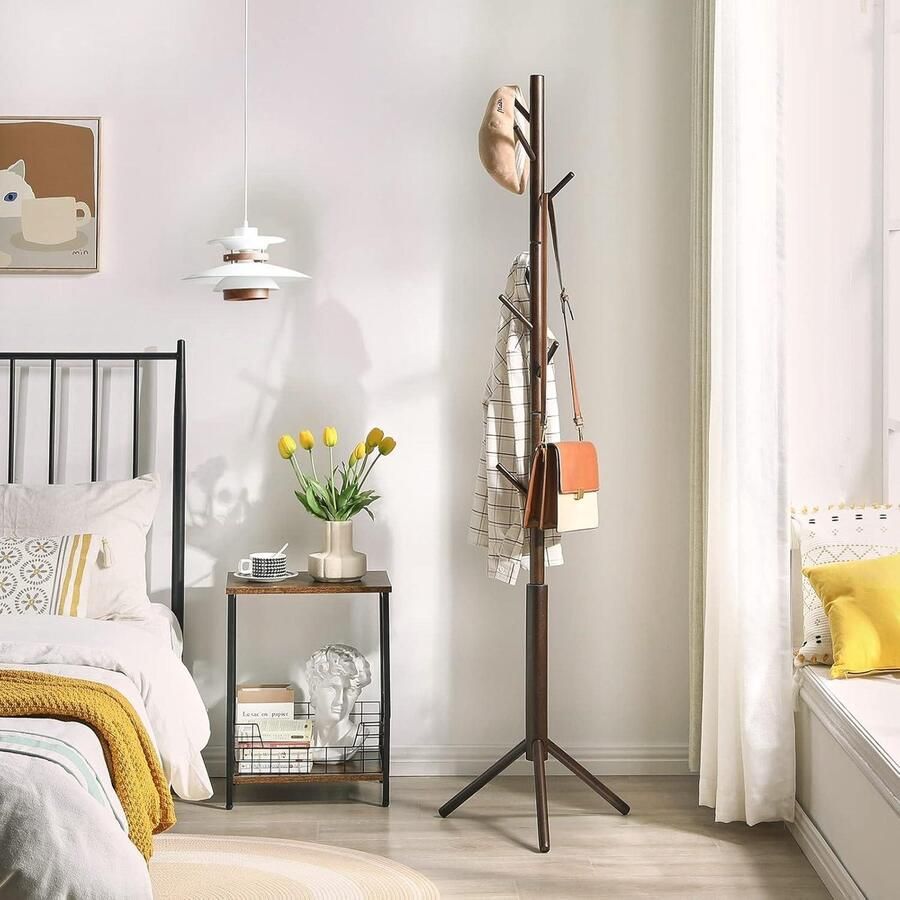 Coat Rack Free Standing Wooden Coat Tree with 8 Hooks Adjustable Hallway Tree for Entrance Living Room Hallway Bedroom Coat Hanger for Hats Handbags Clothes Wallet Umbrella Brown halmeubel met kapstok