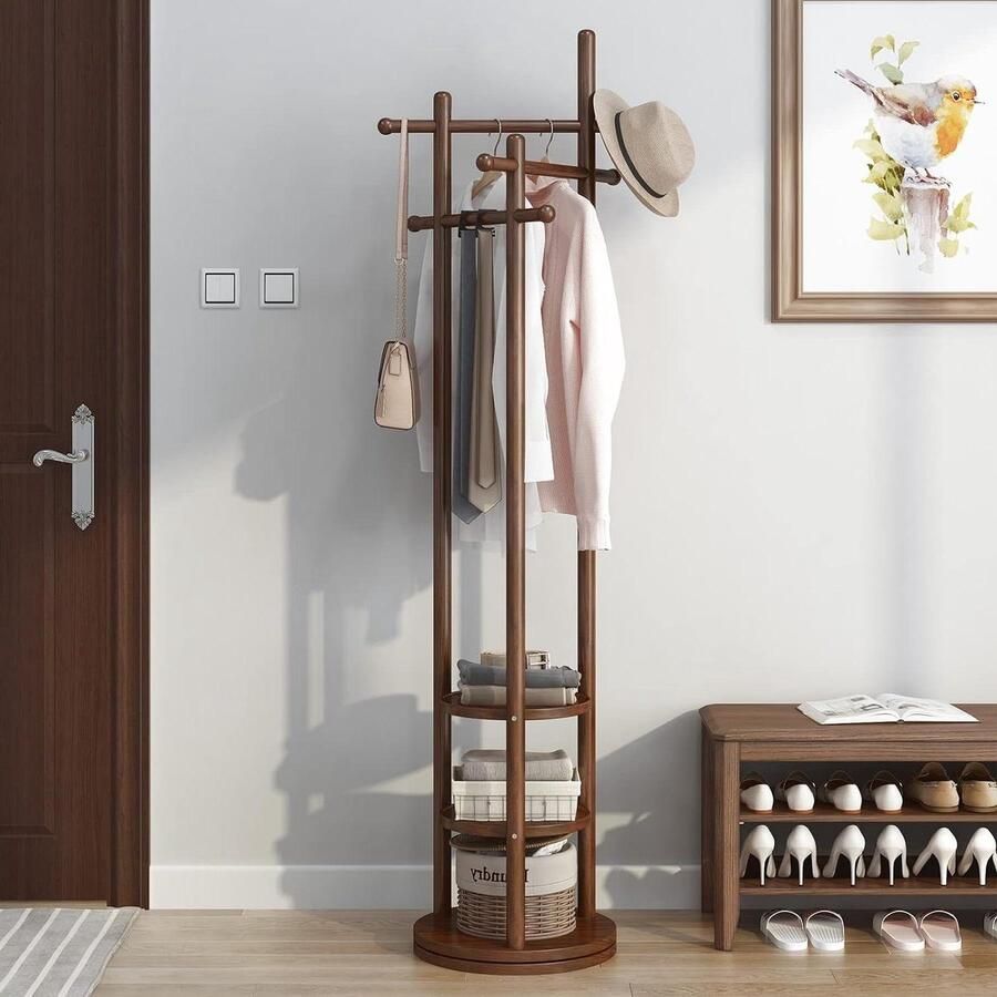 Coat Rack Freestanding Rotating Wooden Clothes Rack Stand with 3 Storage Shelves Sturdy and Easy Assembly for Hallway Bedroom and Office Walnut Color halmeubel met kapstok