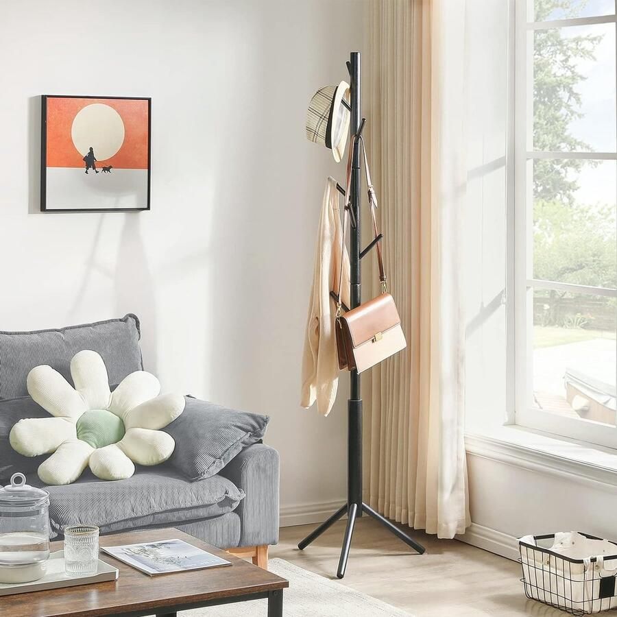 Coat rack freestanding wooden coat rack with 8 hooks adjustable hall tree for entrance living room hallway bedroom clothes hanger for hats handbags clothes wallet umbrella black - Foto 3