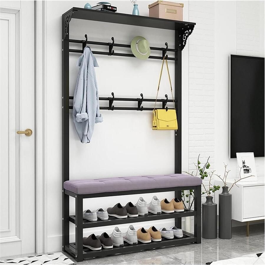 Coat Rack Shoe Storage 3-in-1 Design Freestanding Clothes Stand Hallway Metal Frame Cushion halmeubel met kapstok