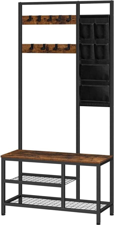 Coat Rack Stand Hallway Tree with Shoe Storage Bench 9 Removable Hooks Non-woven Storage Bag Entrance Storage Shelf Rustic Brown halmeubel met kapstok